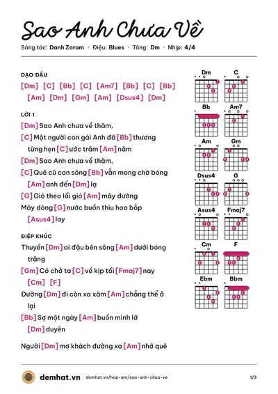 Hợp âm Sao Anh Chưa Về (Trịnh Thiên Ân) – bản nhạc PDF trang 1, tông Dm
