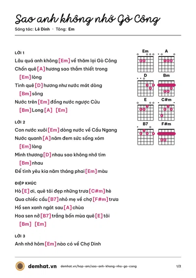 Hợp âm Sao anh không nhớ Gò Công (Lê Dinh) – bản nhạc PDF trang 1, tông Em