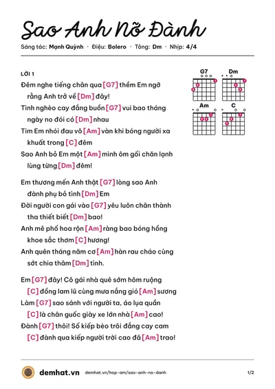 Hợp âm Sao Anh Nỡ Đành (Phạm Thiêng Ngân) – bản nhạc PDF trang 1, tông Dm
