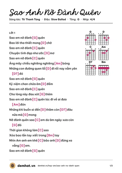 Hợp âm Sao Anh Nỡ Đành Quên (Cẩm Ly) – bản nhạc PDF trang 1, tông G
