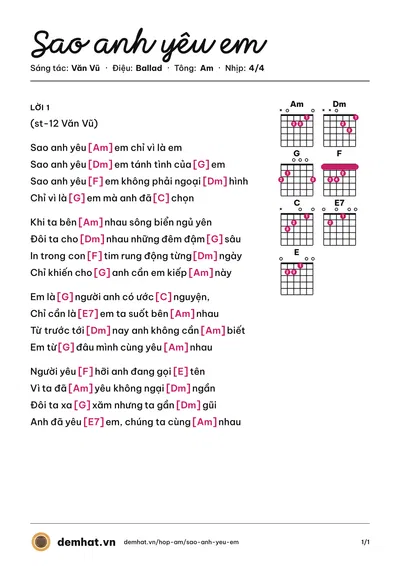 Hợp âm Sao anh yêu em (Văn Vũ) – bản nhạc PDF trang 1, tông Am