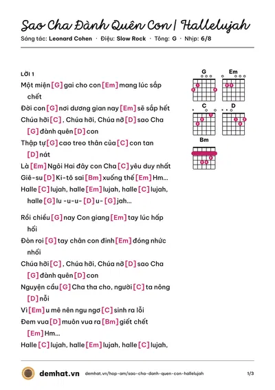 Hợp âm Sao Cha Đành Quên Con | Hallelujah (Ca Đoàn Đắc Lộ) – bản nhạc PDF trang 1, tông G