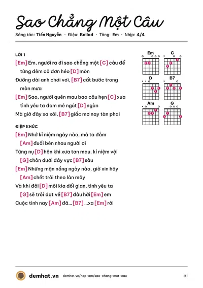 Hợp âm Sao Chẳng Một Câu (Bell Nguyễn) – bản nhạc PDF trang 1, tông Em