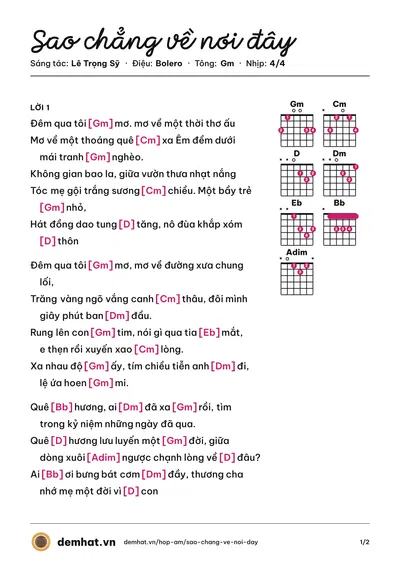 Hợp âm Sao chẳng về nơi đây (Hồ Quang 8) – bản nhạc PDF trang 1, tông Gm