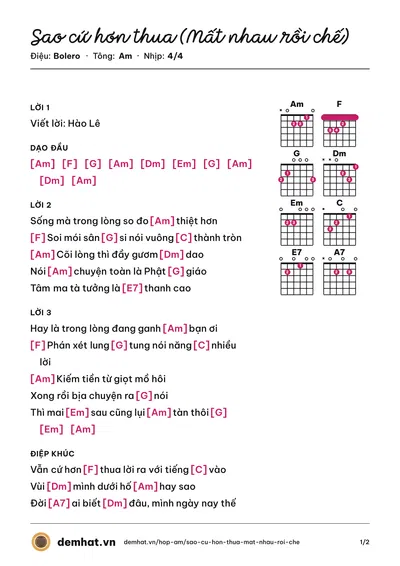 Hợp âm Sao cứ hơn thua (Mất nhau rồi chế) (Khánh Tân) – bản nhạc PDF trang 1, tông Am