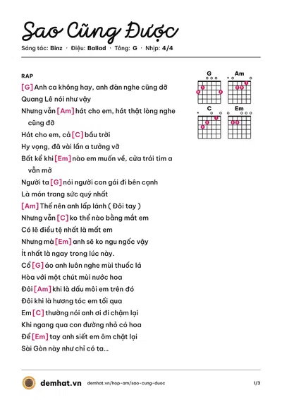 Hợp âm Sao Cũng Được (Binz) – bản nhạc PDF trang 1, tông G