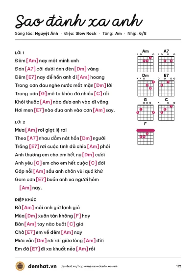 Hợp âm Sao đành xa anh (Chế Linh) – bản nhạc PDF trang 1, tông Am