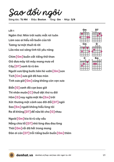 Hợp âm Sao đổi ngôi (Chế Linh) – bản nhạc PDF trang 1, tông Gm