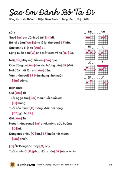 Hợp âm Sao Em Đành Bỏ Ta Đi (Lưu Thành) – bản nhạc PDF trang 1, tông Em