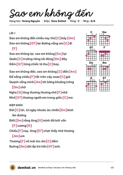 Hợp âm Sao em không đến (Hoàng Nguyên) – bản nhạc PDF trang 1, tông C
