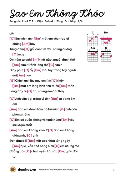 Hợp âm Sao Em Không Khóc (kis) – bản nhạc PDF trang 1, tông G