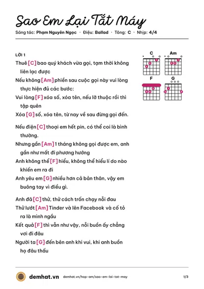 Hợp âm Sao Em Lại Tắt Máy (Phạm Nguyên Ngọc) – bản nhạc PDF trang 1, tông C