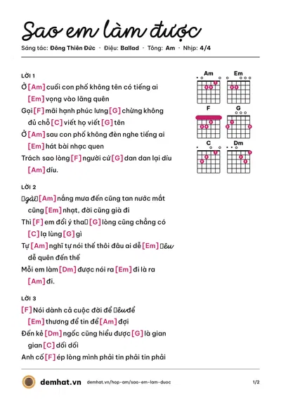 Hợp âm Sao em làm được (Huỳnh Phúc) – bản nhạc PDF trang 1, tông Am