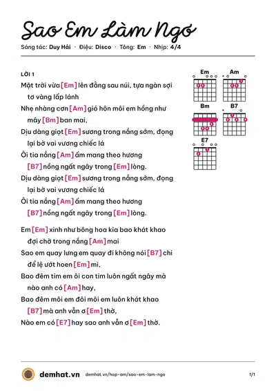 Hợp âm Sao Em Làm Ngơ (Thanh Thảo) – bản nhạc PDF trang 1, tông Em