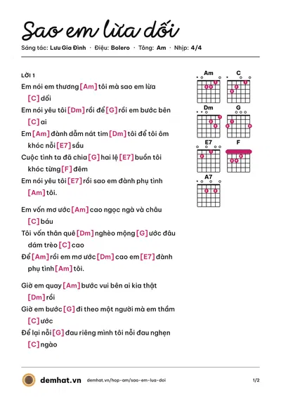 Hợp âm Sao em lừa dối (Khưu Huy Vũ) – bản nhạc PDF trang 1, tông Am
