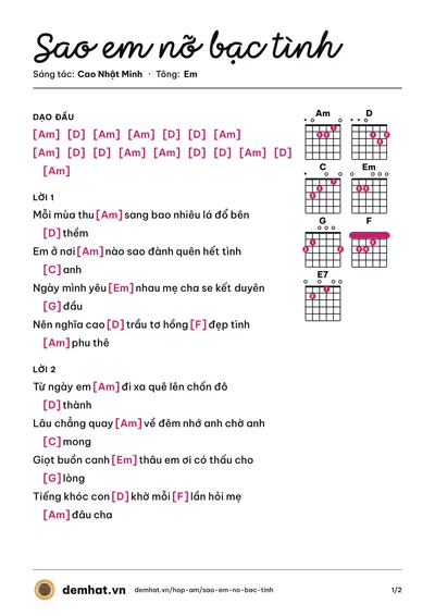 Hợp âm Sao em nỡ bạc tình (Khưu Huy Vũ) – bản nhạc PDF trang 1, tông Em
