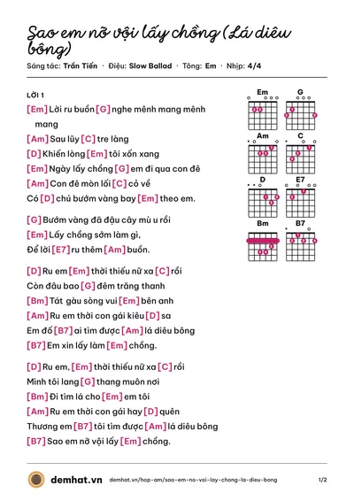 Hợp âm Sao em nỡ vội lấy chồng (Lá diêu bông) (HỢP CA) – bản nhạc PDF trang 1, tông Em
