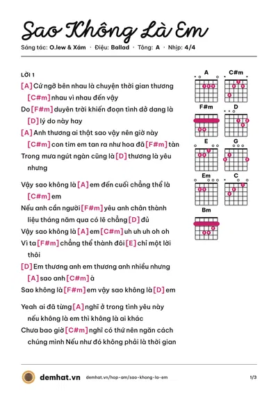 Hợp âm Sao Không Là Em (O.lew) – bản nhạc PDF trang 1, tông A