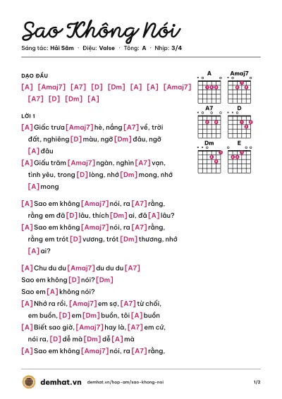 Hợp âm Sao Không Nói (Hải Sâm) – bản nhạc PDF trang 1, tông A