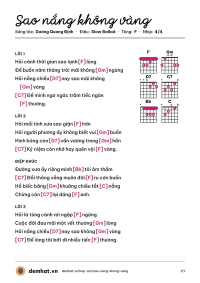 Hợp âm Sao nắng không vàng (Dương Quang Định) – bản nhạc PDF trang 1, tông F