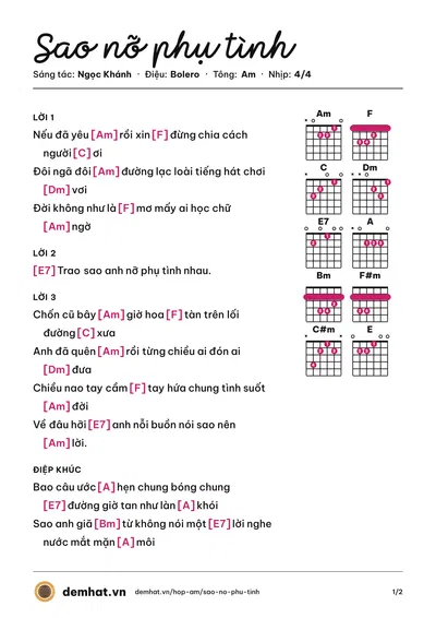 Hợp âm Sao nỡ phụ tình (Hồng Quyên) – bản nhạc PDF trang 1, tông Am