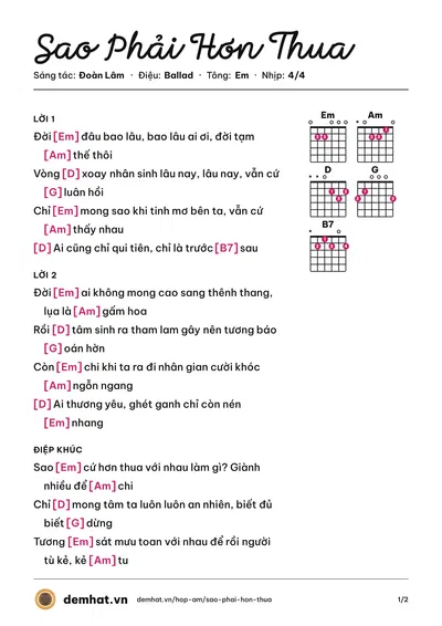 Hợp âm Sao Phải Hơn Thua (Đoàn Lâm) – bản nhạc PDF trang 1, tông Em
