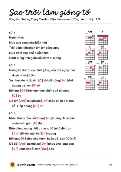 Hợp âm Sao trời làm giông tố (Trương Trọng Thanh) – bản nhạc PDF trang 1, tông Am