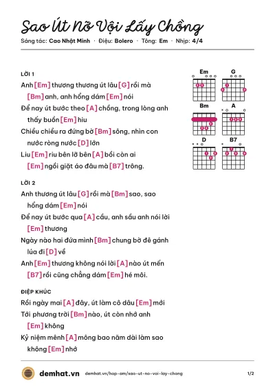 Hợp âm Sao Út Nỡ Vội Lấy Chồng (Lê Sang) – bản nhạc PDF trang 1, tông Em