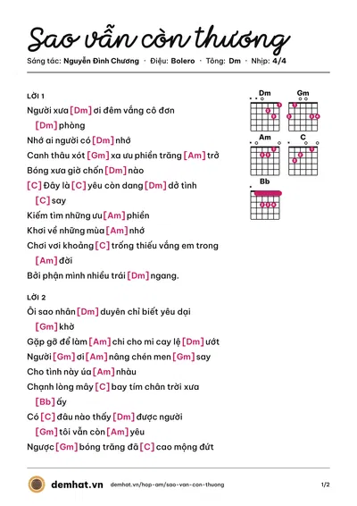 Hợp âm Sao vẫn còn thương (Nguyễn Đình Chương) – bản nhạc PDF trang 1, tông Dm