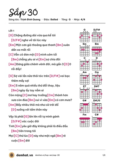 Hợp âm Sắp 30 (Trịnh Đình Quang) – bản nhạc PDF trang 1, tông G