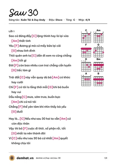 Hợp âm Sau 30 (Xuân Tài) – bản nhạc PDF trang 1, tông C