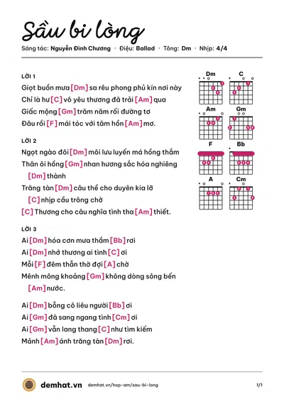 Hợp âm Sầu bi lòng (Nguyễn Đình Chương) – bản nhạc PDF trang 1, tông Dm
