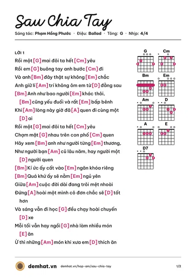 Hợp âm Sau Chia Tay (Phạm Hồng Phước) – bản nhạc PDF trang 1, tông G