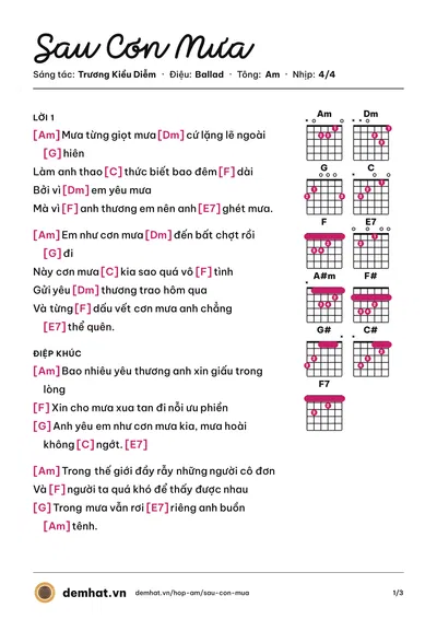 Hợp âm Sau Cơn Mưa (Trung Quân) – bản nhạc PDF trang 1, tông Am