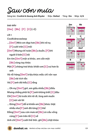 Hợp âm Sau cơn mưa (Coolkid) – bản nhạc PDF trang 1, tông Dm