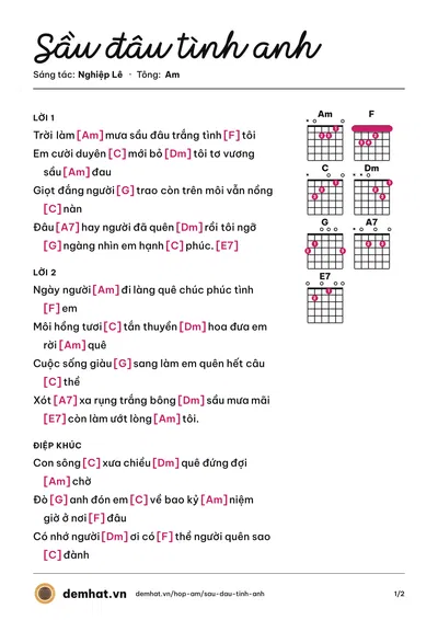 Hợp âm Sầu đâu tình anh (Nghiệp Lê) – bản nhạc PDF trang 1, tông Am