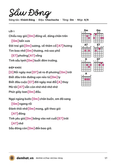 Hợp âm Sầu Đông (Nguyễn Hưng) – bản nhạc PDF trang 1, tông Dm