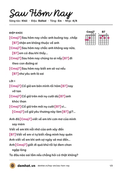 Hợp âm Sau Hôm Nay (Khói) – bản nhạc PDF trang 1, tông Em