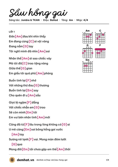 Hợp âm Sầu hồng gai (Jombie) – bản nhạc PDF trang 1, tông Am