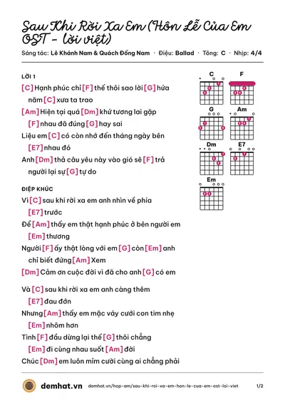 Hợp âm Sau Khi Rời Xa Em (Hôn Lễ Của Em OST - lời việt) (Châu Hưng Triết) – bản nhạc PDF trang 1, tông C
