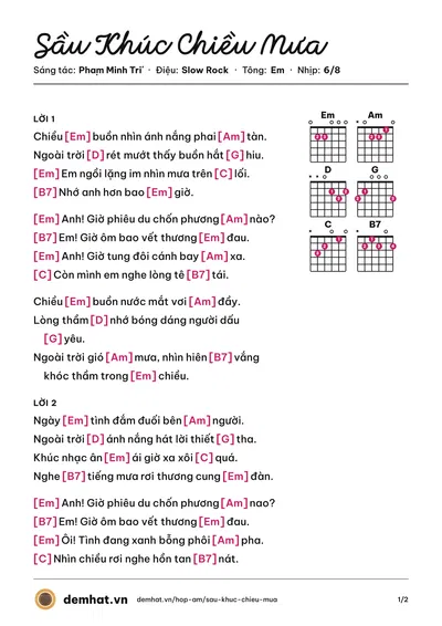 Hợp âm Sầu Khúc Chiều Mưa (Diệu Hiền) – bản nhạc PDF trang 1, tông Em