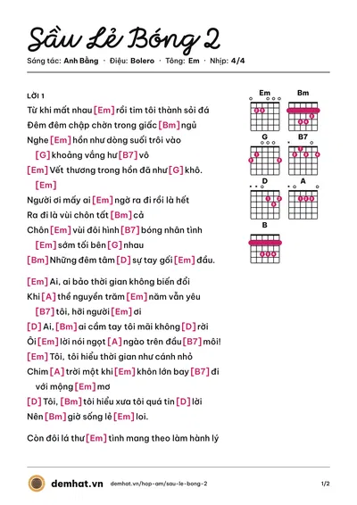 Hợp âm Sầu Lẻ Bóng 2 (Sơn Tuyền) – bản nhạc PDF trang 1, tông Em