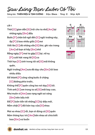 Hợp âm Sau Lưng Bạn Luôn Có Tôi (ĐẠT KHÓI) – bản nhạc PDF trang 1, tông C