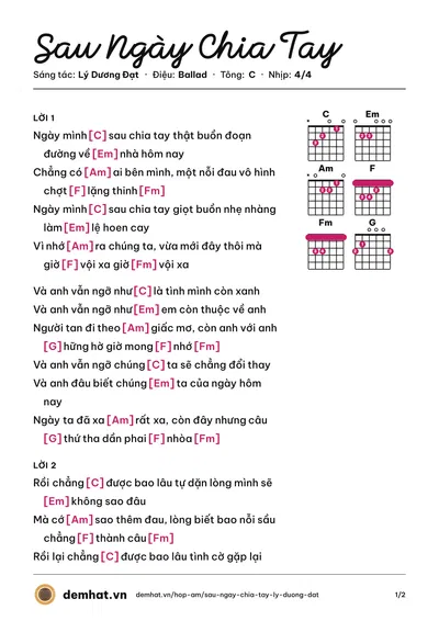 Hợp âm Sau Ngày Chia Tay (Luke D) – bản nhạc PDF trang 1, tông C