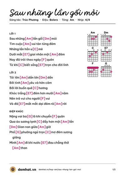 Hợp âm Sau những lần gối mỏi (Tuấn Vũ) – bản nhạc PDF trang 1, tông Am