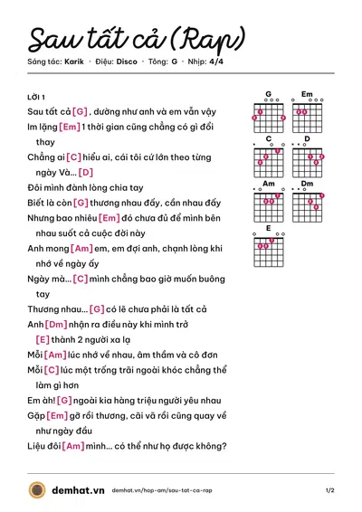 Hợp âm Sau tất cả (Rap) (Karik) – bản nhạc PDF trang 1, tông G
