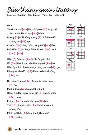 Hợp âm Sáu tháng quân trường (Chế Linh) – bản nhạc PDF trang 1, tông Am