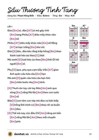 Hợp âm Sầu Thương Tình Tang (Tố My) – bản nhạc PDF trang 1, tông Em