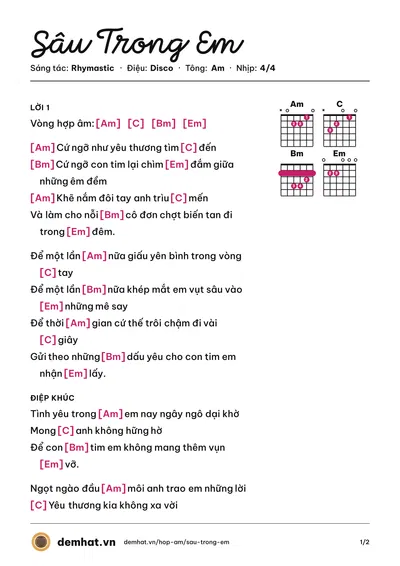 Hợp âm Sâu Trong Em (Bích Phương) – bản nhạc PDF trang 1, tông Am