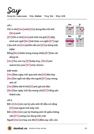 Hợp âm Say (Lena Lena) – bản nhạc PDF trang 1, tông Em